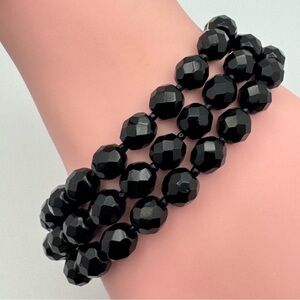 Black Faceted Glass Bead Triple Strand Bracelet 7.5" Gold Tone Clasp
